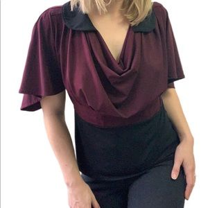 Vintage Collared Plum Black Short Sleeve Blouse